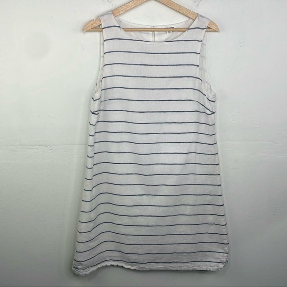 BeachLunchLounge Linen Blend Striped Blue and White Sleeveless Dress Medium